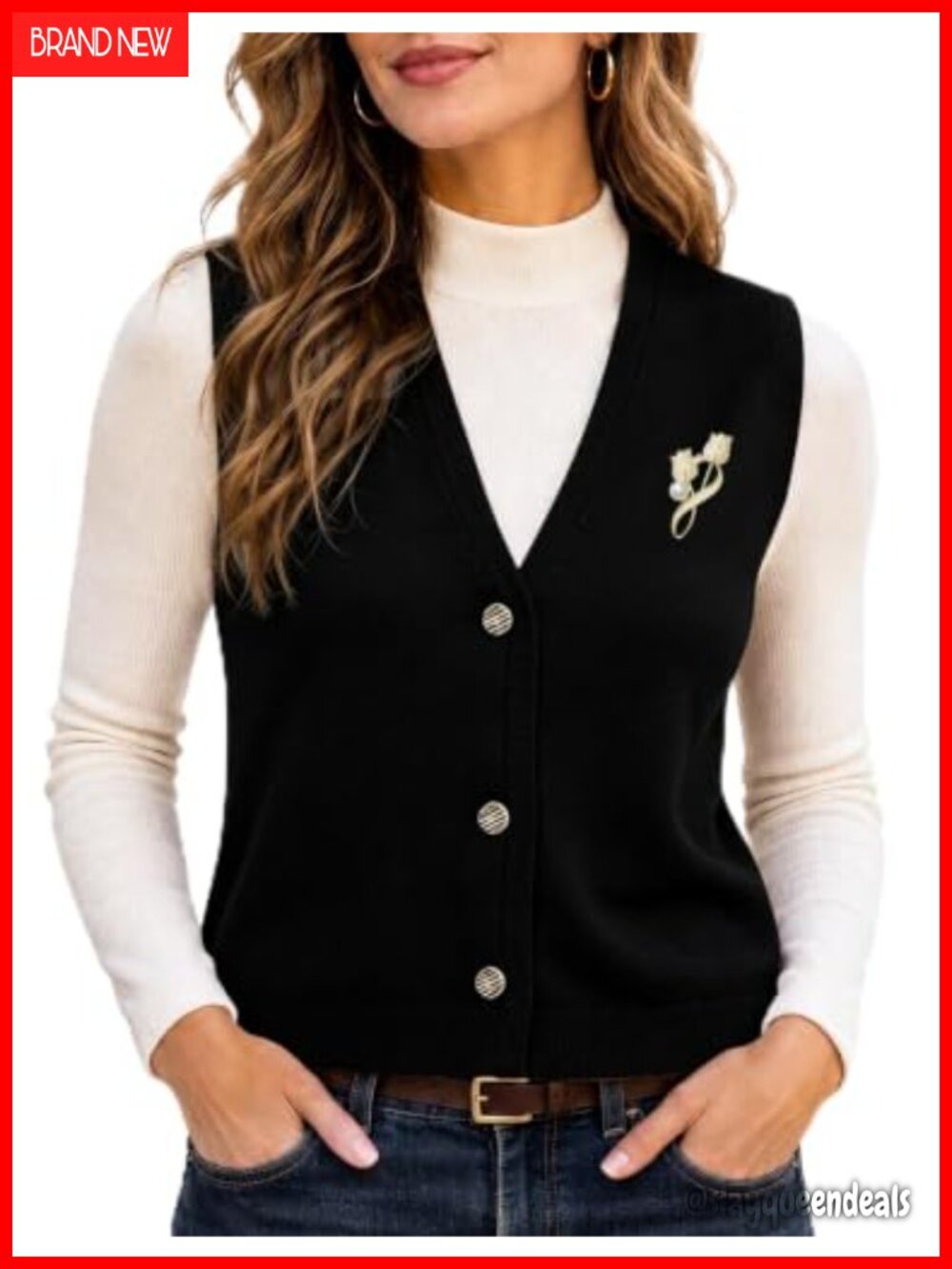 Barry.Wang Women's Striped Button-Up Sweater Vest 2PC Brooch